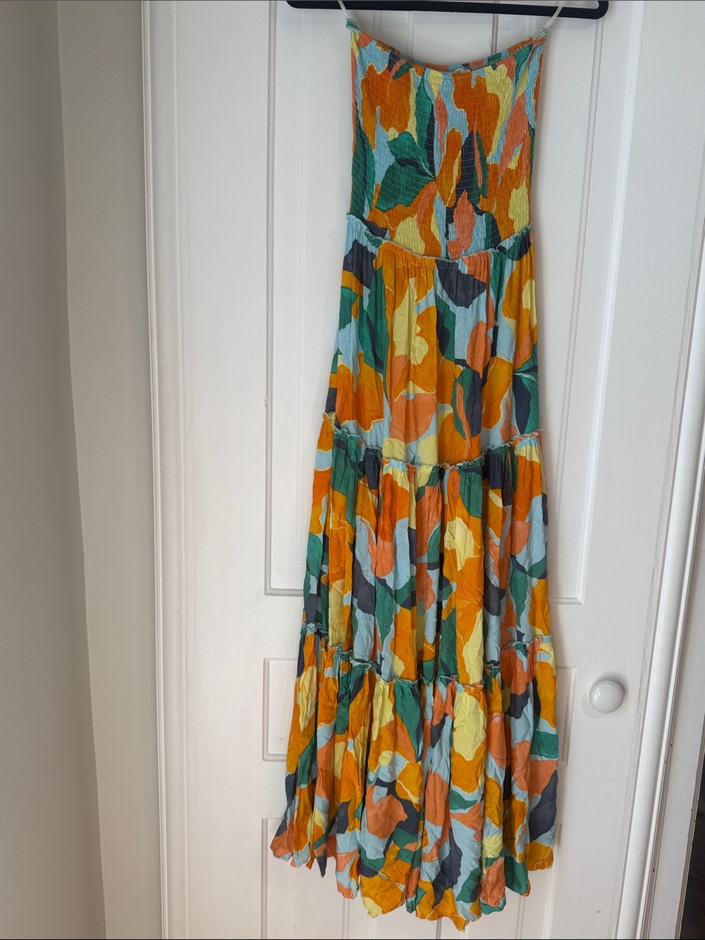 Strapless Tiered Floral Maxi Dress in Orange and Green